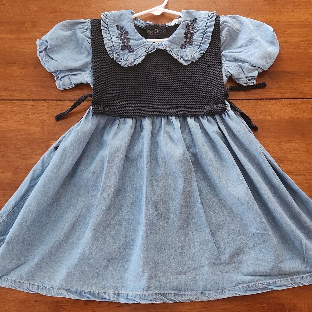 Rachel Zoe Dress 4T Denim Chambray Embroidered Collar Crochet Bodice Cottagecore - Picture 6 of 7